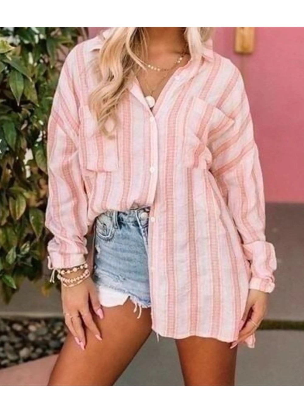FATE Pink Woven Stripe Bohemian
Button Up Relaxed Long Sleeve
Small Blouse Top